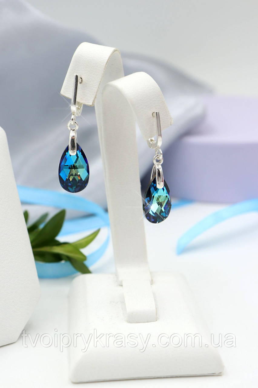 Срібні сережки з кришталем Swarovski "Крапля океану"