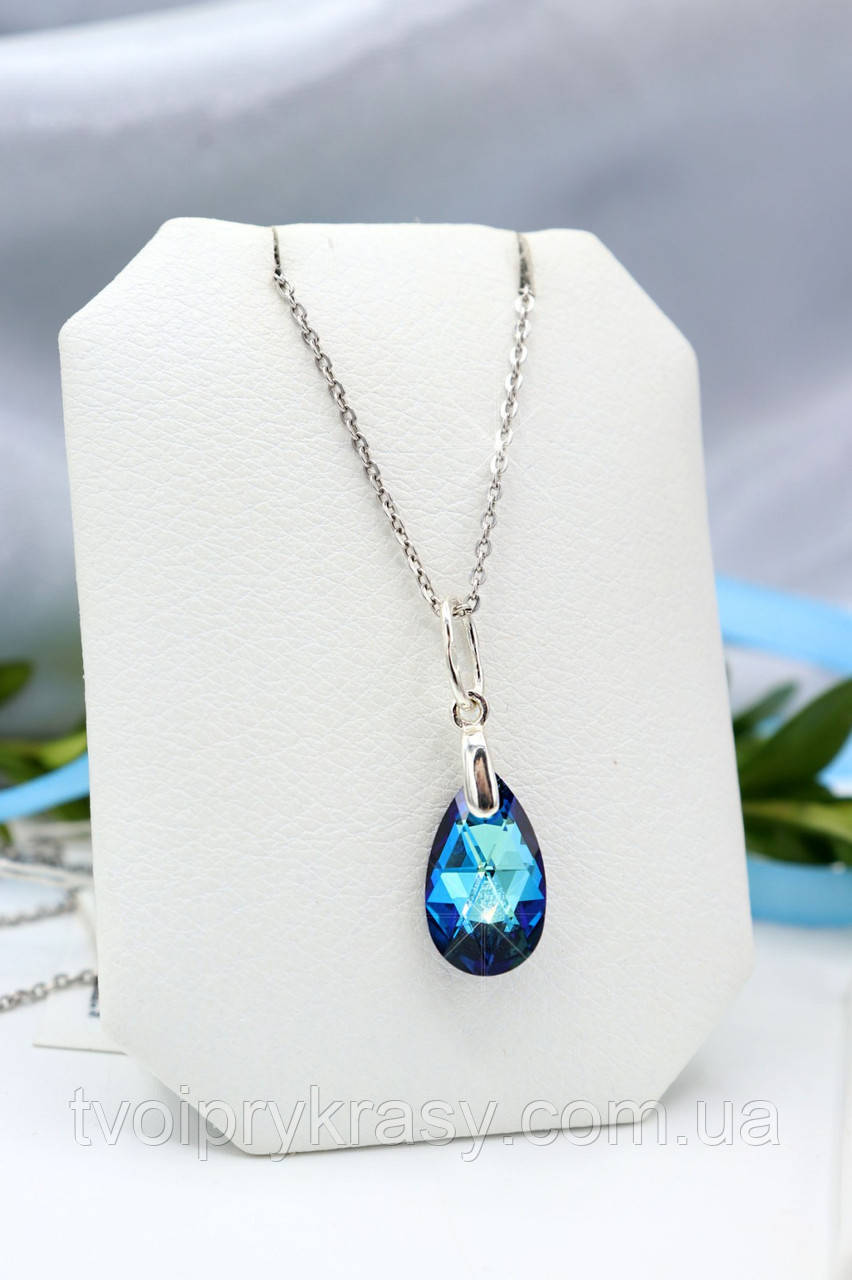 Срібний кулон із кришталем синього кольору Swarovski "Крапля океану"