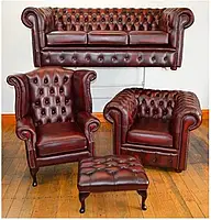 Комплект "Честерфілд": диван трійка, крісло класичне, крісло з "вухами" і пуф. НОВИЙ ! Натуральна шкіра.