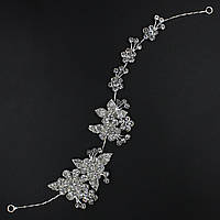 Гілочка в зачіску для волосся металева срібляста квіточки з кристалами 28 см із двома неведимками