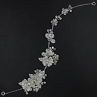 Гілочка в зачіску для волосся металева срібляста квіточки з кристалами 28 см із двома неведимками