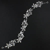 Гілочка в зачіску для волосся металева срібляста квіточки з пелюстками 28 см із двома неведимками