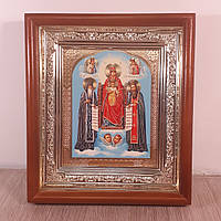 Икона Киево-Печерская Пресвятая Богородица, лик 10х12 см, в светлом прямом деревянном киоте