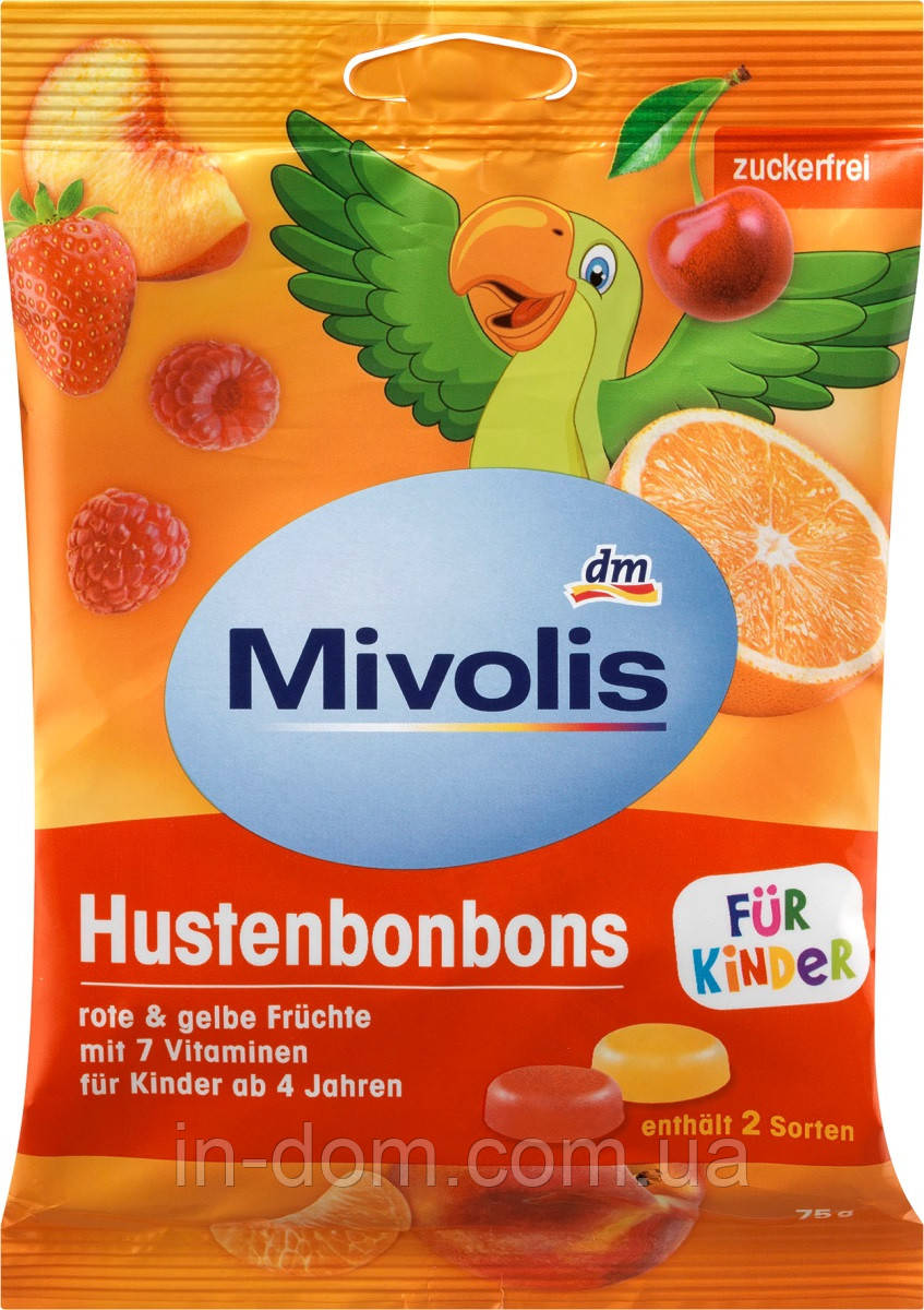 Mivolis Bonbon, rote und gelbe Früchte für Kinder Дитячі цукерки від кашлю з вітамінами без цукру 75 г