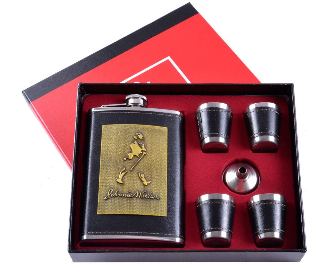 Подарунковий набір 6в1 фляга з набійкою (обтягнута шкірою), 4 чарки, лійка "Johnnie Walker"