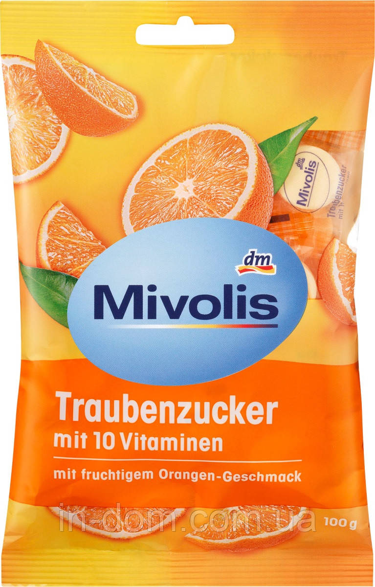Mivolis Traubenzucker Orange10 Vitaminen Декстроза Виноградний цукор з 10 вітамінами і смаком апельсина 100 г