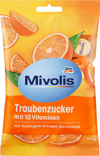 Mivolis Traubenzucker Orange10 Vitaminen Декстроза Виноградний цукор з 10 вітамінами і смаком апельсина,100 г