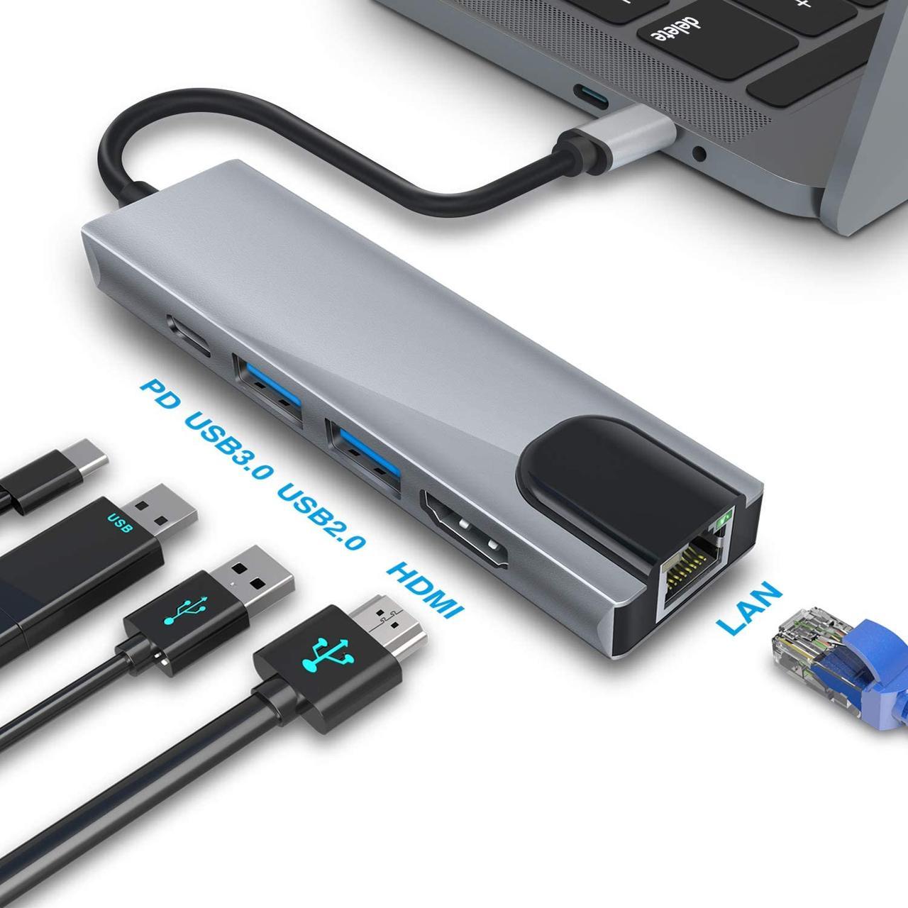Перехідник USB Type C — (PD/USD/HDMI/RJ-45) BYL-2007 5 в 1, фото 1