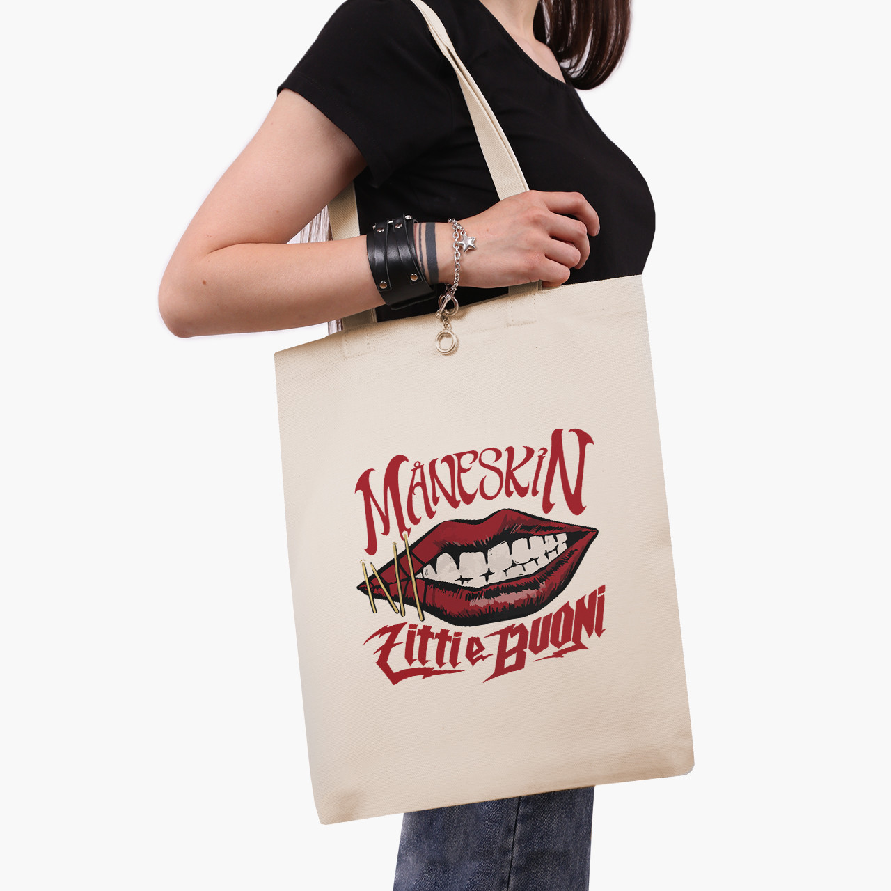 Еко сумка Манескін (Maneskin Zitti-e-buoni), шопер з принтом бежевий саржа
