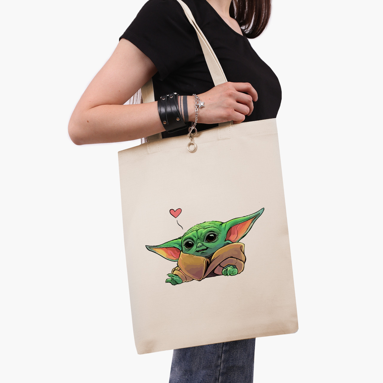 Еко сумка Грогу Бейбі Йода (Grogu Baby Yoda The Mandalorian), шопер з принтом бежевий саржа