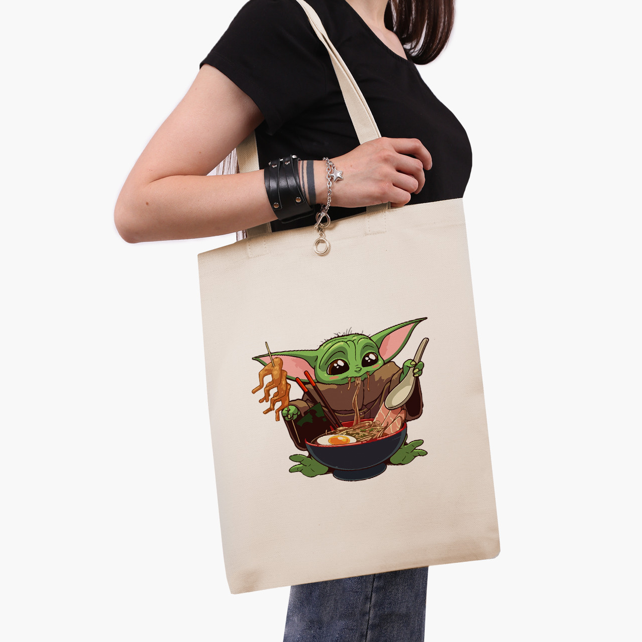 Еко сумка Грогу Бейбі Йода (Grogu Baby Yoda The Mandalorian), шопер з принтом бежевий саржа