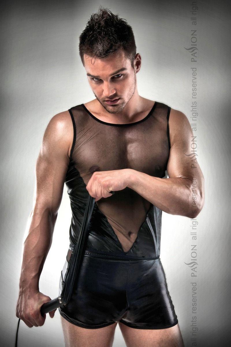 Комплект білизни Passion 016 SET black L/XL, шортики під латекс і напівпрозора маєчка, фото 1