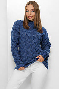 Теплий в'язаний жіночий светр 204 синій розмір 46-54 універсальний
