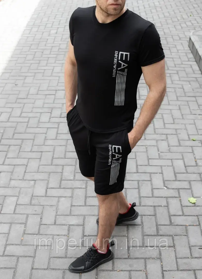 Спортивний літній кежуал костюм emporio armani ea7 | комплект чорна футболка та чорні шорти