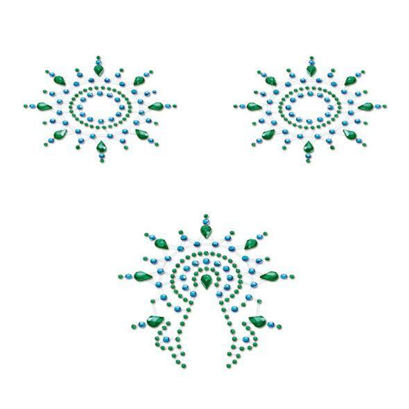 Пэстис з кристалів Petits Joujoux Gloria set of 3 - Green/Blue, прикраса на груди і вульву