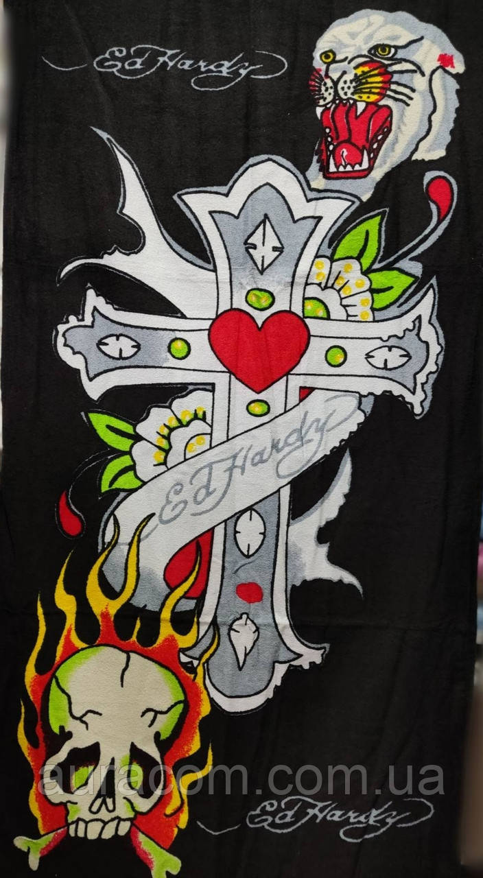 Пляжний чорний рушник із черепом, фото 1