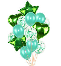 Набір куль повітряних "Зелений із наповненням конфеті — сердечка, зірочки" — 14 шт./набір