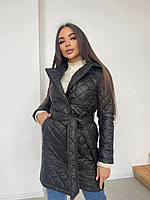 Женское стеганное пальто в ромбик выше колена на кнопках с поясом и отложным воротником (р. 42-48) 65PA245