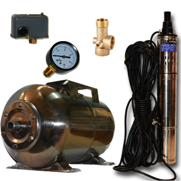 Тонкий заглибний глибинний насос QJD 1.2-50-0.37-75 для свердловин + бак неірж24 + реле + монометр + п'ятник, фото 1