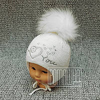 46-48 9-12 мес 1 год термо утеплённая зимняя вязаная шапка для новорождённой девочки с меховым помпоном 8111 Белый