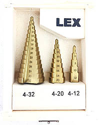 Набір ступінчастих свердел LEX від 4 до 32 мм 4-32 4-20 4-12 в стильному дерев'яному ящику