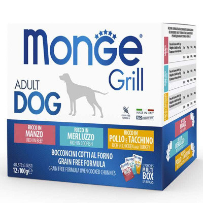 Набір волого корму для собак Monge (Монж) Grill Multipack з куркою, індичкою, яловичиною, тріскою 12 шт