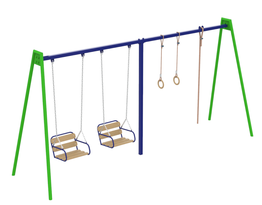 Гойдалки вуличні Віола двомісні стійки метал зелений/синій, сидіння W1 з канатом та кільцями (Kidigo ТМ)