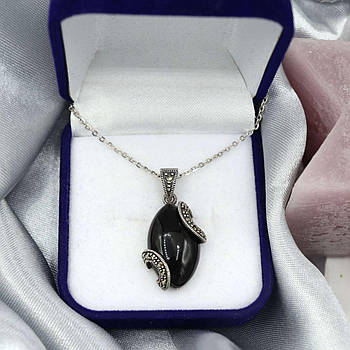 Срібний кулон з крапельним сріблом та гагатом