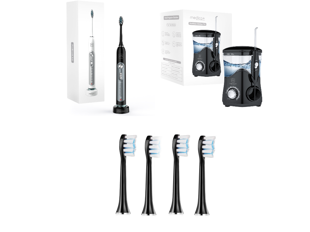 НАБОР DENTAL 3В1: ЗУБНАЯ ЩЕТКА 9.0 (BLACK) + НАСАДКИ 4 ШТ. + СТАЦИОНАРНЫЙ ИРРИГАТОР 7.0