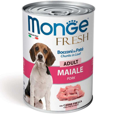 Консервований корм для дорослих собак усіх порід Monge Fresh Dog Adult Pork шматочки в паштеті зі свининою 400 г, фото 1