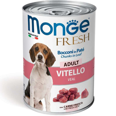 Консервований корм для дорослих собак усіх порід Monge (Монж) Fresh Dog Adult Veal шматочки в паштеті із телятиною 400 г, фото 1