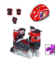 Детские ролики с двойными колесами + защита + шлем Scale Sport. Черно-красные. Размер 29-33