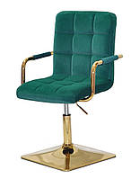 Кресло Augusto-Arm 4-GD-BASE зеленый В-1003 велюр с подлокотниками, на квадратной золотой опоре