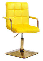 Крісло Augusto-Arm 4-GD-BASE жовтий В-1027 велюр із підлокітниками, на квадратній золотій опорі, фото 2