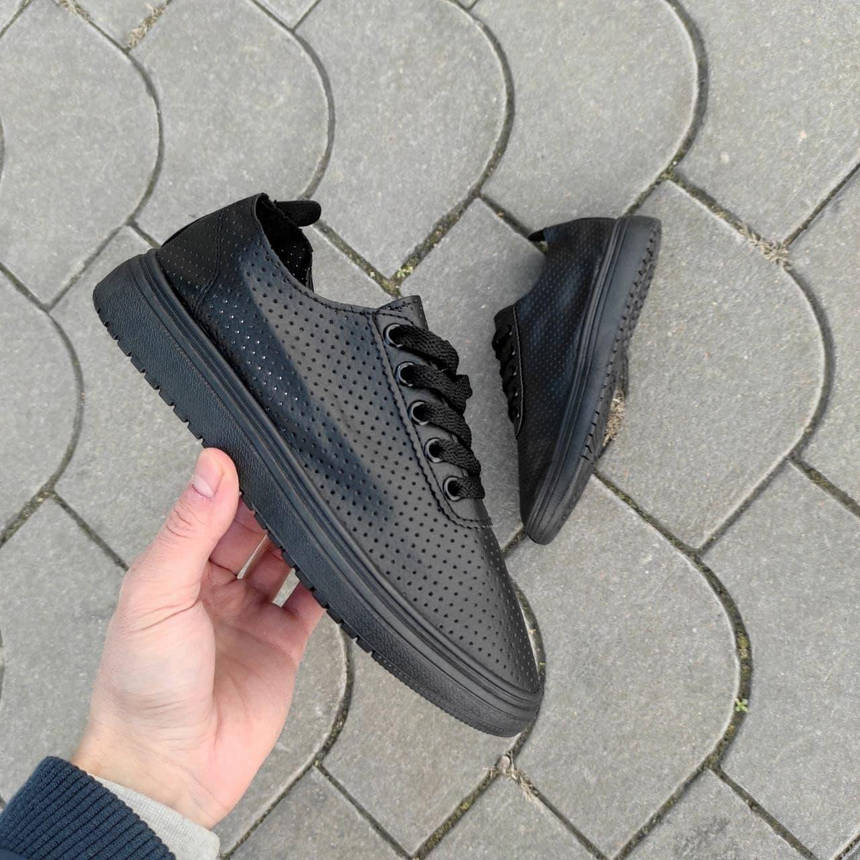 Кеды ЧЕРНЫЕ перфорация на высокой подошве экоКожа со шнурками ALL Black жіночі весна літо, фото 1