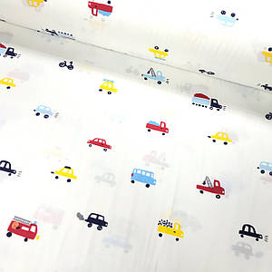 Тканина поплін дрібні намальовані машинки на білому (ТУРЦІЯ шир. 2,4 м) (R-FR-0112)