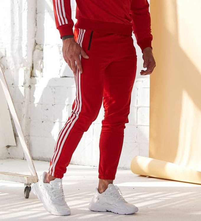 Чоловічі спортивні штани Adidas штани весна-осінь-літо червоні 3 смуги Туреччина. Живе фото