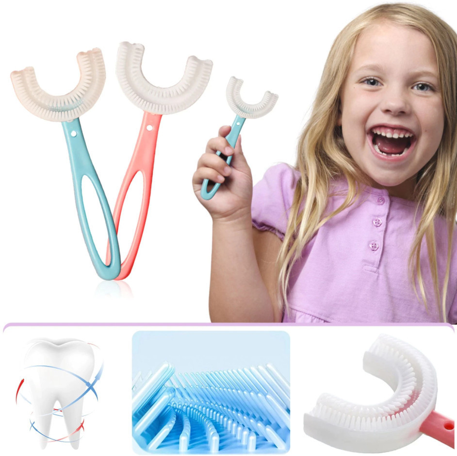 Дитяча U-подібна зубна щітка Childrens U-shaped Toothbrush. Блакитна і рожева