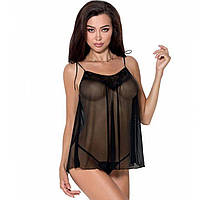 Сорочка прозрачная беби долл MELANIA CHEMISE black L/XL - Passion, трусики, на тонких бретелях Feromon