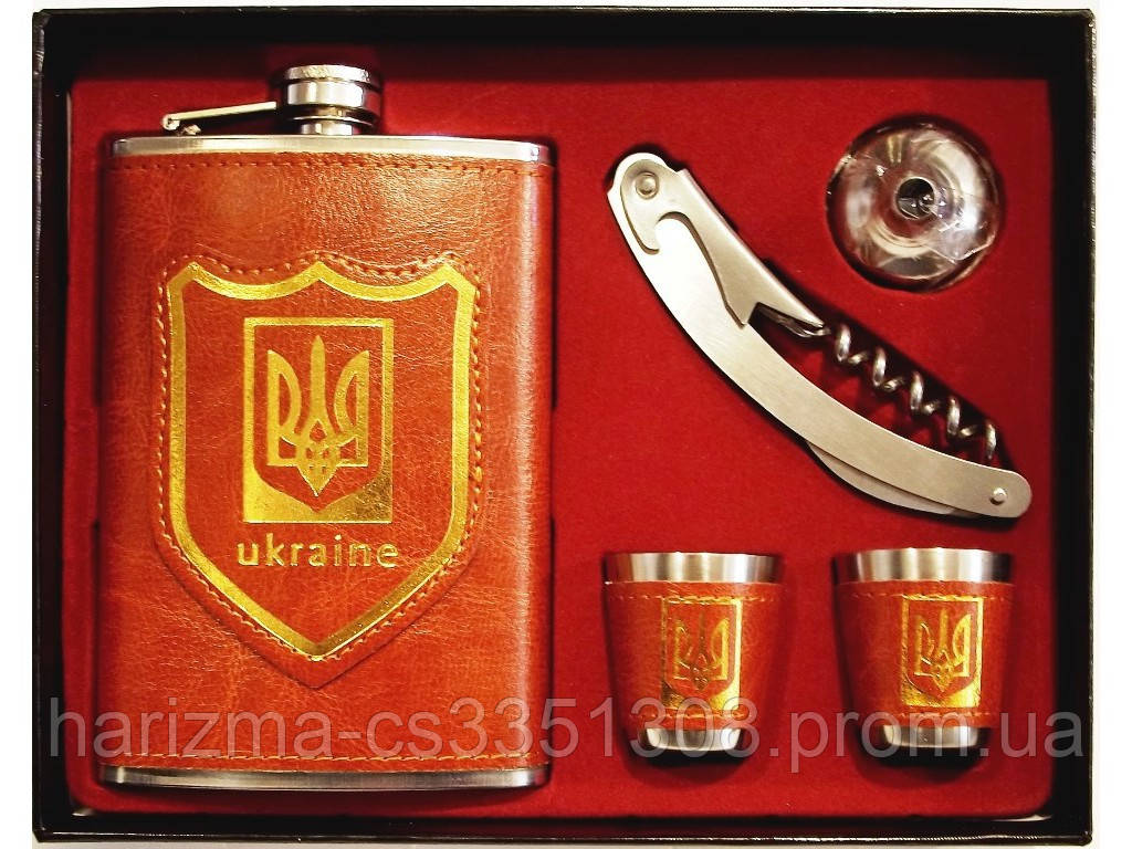 Подарунковий набір для чоловіка фляга з гербом України на 270 мл + лійка + ніж/штопор/відкривашка + 2 стопи