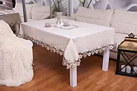 Скатерть Льняная с Кружевом 150-220 Серая Однотонная «Ромашка» Прямоугольная Лен с Серединой