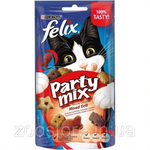 Ласощі для кішок Felix Party Mix Гриль мікс, зі смаком курки, яловичини та лосося 60 г
