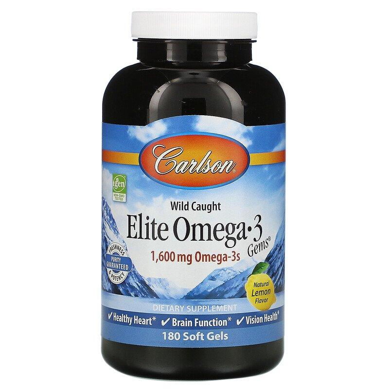 Carlson Labs Wild Caught Elite Omega-3 Gems Natural Lemon Flavor 1600 mg 180 капсул, фото 1