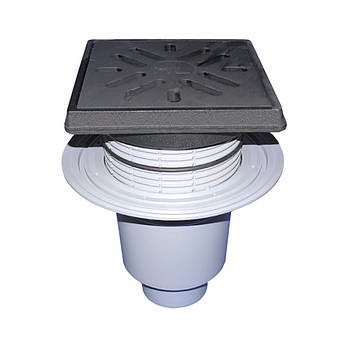 Трап з решіткою 260х260 з чавуну дворовий з ПП, надст. із ПП, з горизонт фланцем, із запахозап.пристр.