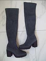 ( 36 р - 23 см ) Замшевые сапоги чулки резинки ботфорты серого цвета на удобном каблуке Б/У