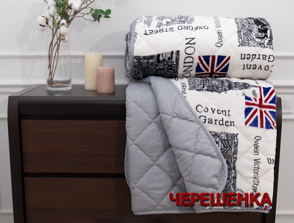 Світле стьобане двоспальне флісове покривало 180х215 см з принтом місто Лондон