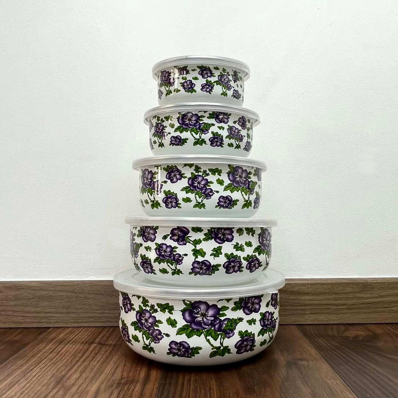 Набір емальованих судочків круглих A-PLUS 5 шт А-Плюс квіти, фото 1