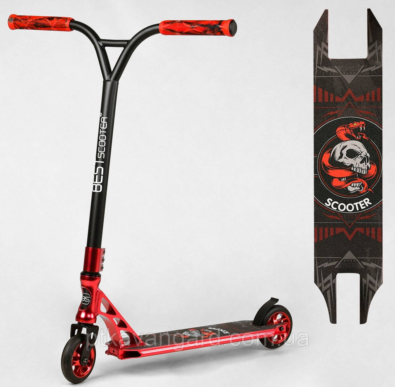 Трюковой самокат с Черепом Красный Best Scooter HIC, Без Пег, алюминиевый диск и дека, анодированная покраска