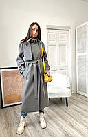Женское шикарное длинное кашемировое пальто серого цвета с патами 40-50