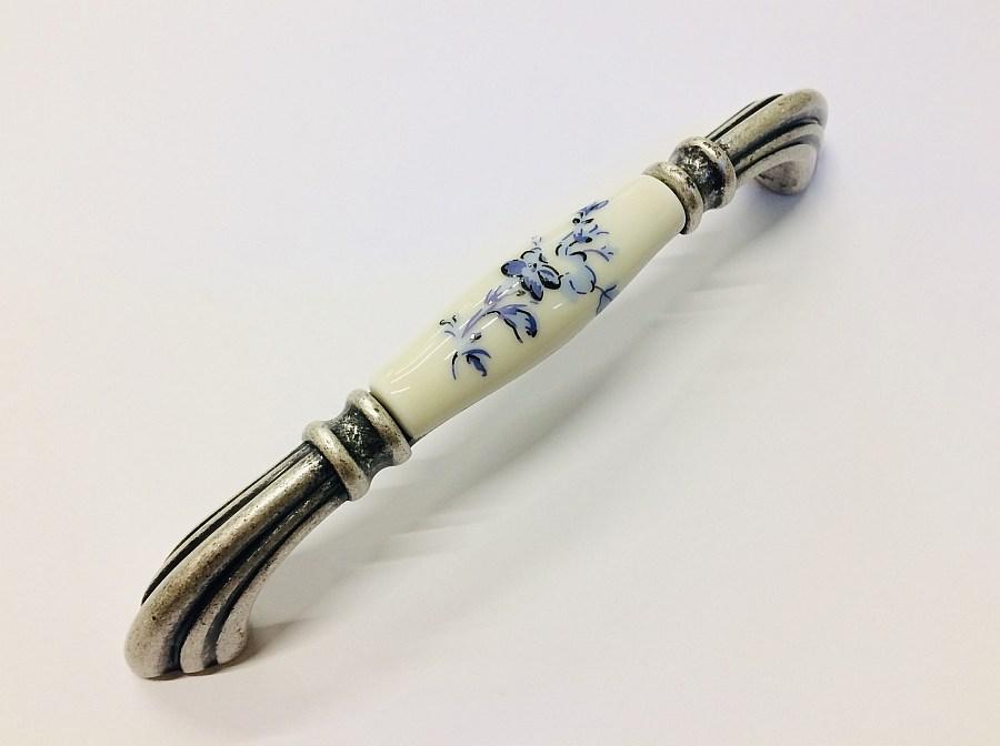 Ручка-скоба Vintage Romantic керамічна з блакитним візерунком GU-M7104 античне срібло 128 мм